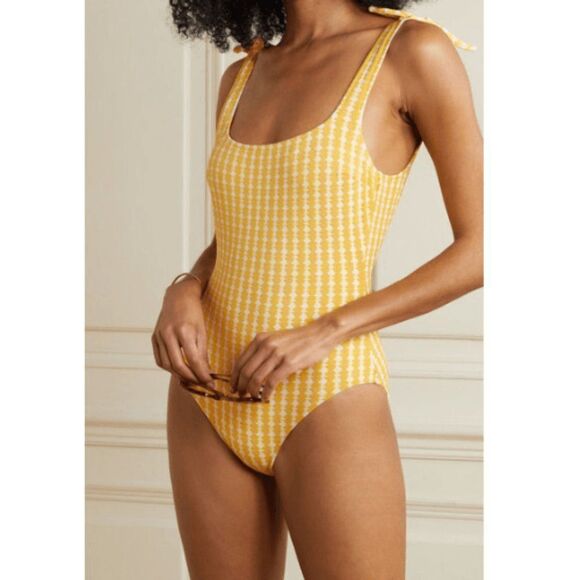 Lemlem Net Sustain Zala Nageur Stretch-jacquard Swimsuit Yellow s - Picture 1 of 8